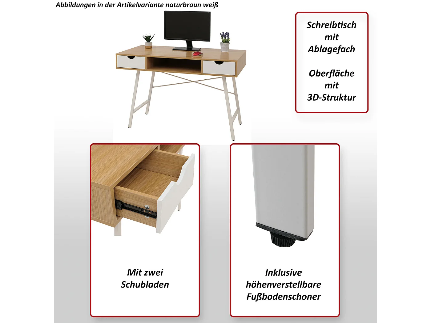 Bureau MCW-E92,  brun naturel, blanc