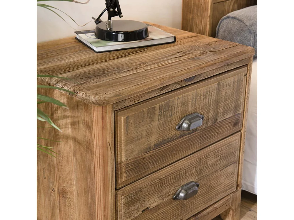 SANDY - Table de chevet 2 tiroirs marron bois pin recyclé