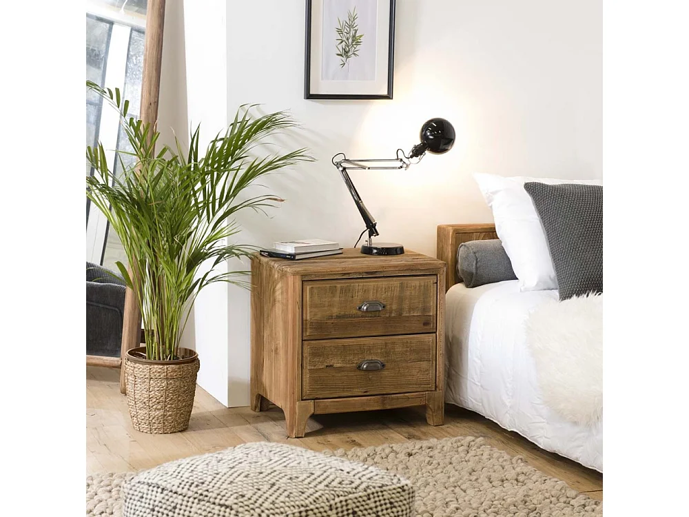 SANDY - Table de chevet 2 tiroirs marron bois pin recyclé