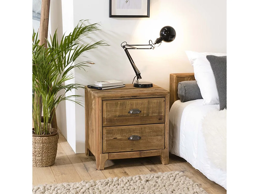 SANDY - Table de chevet 2 tiroirs marron bois pin recyclé