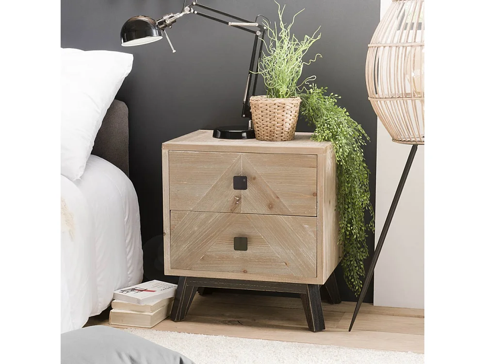 MANDY - Chevet beige scandi 2 tiroirs pieds noirs Sapin