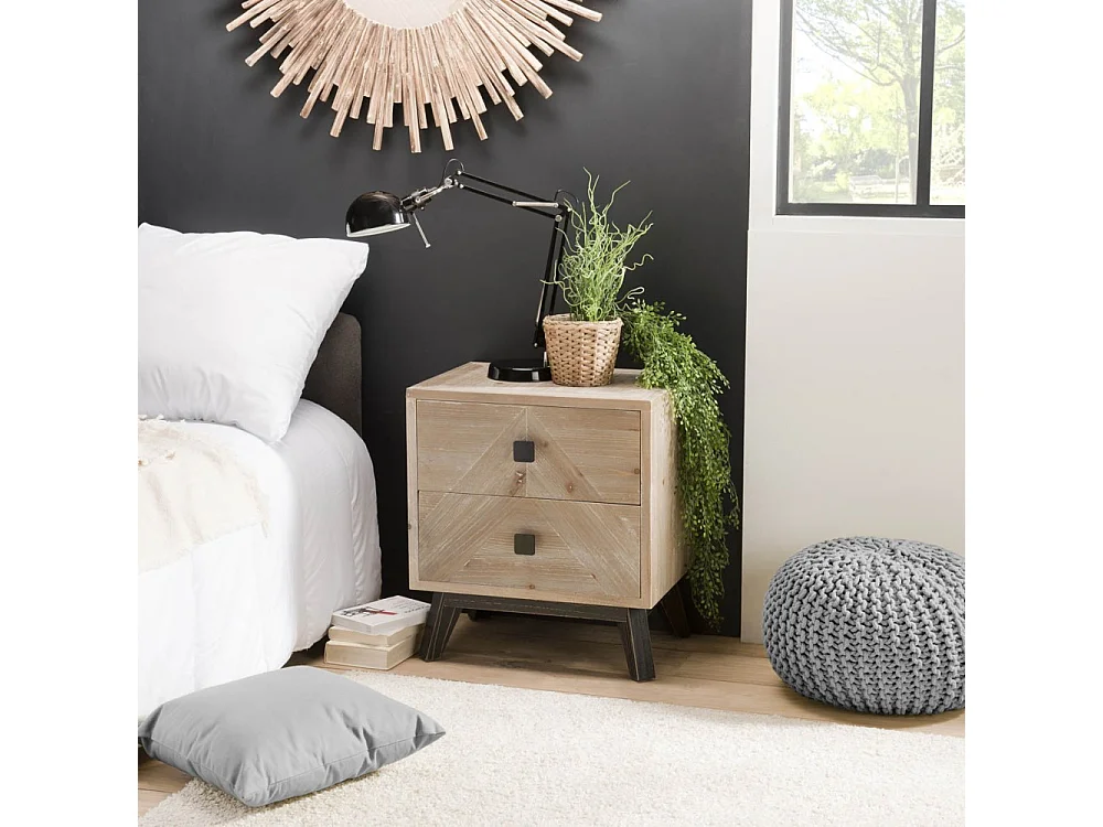 MANDY - Chevet beige scandi 2 tiroirs pieds noirs Sapin