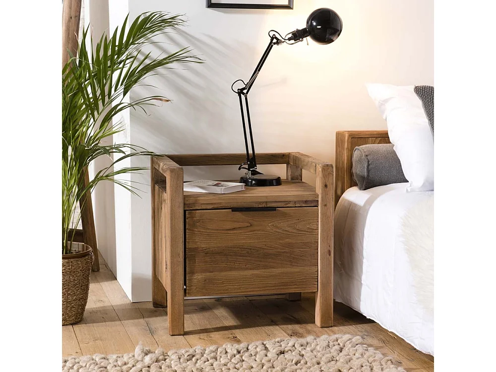 SANDY - Table de chevet marron 1 tiroir bois pin recyclé