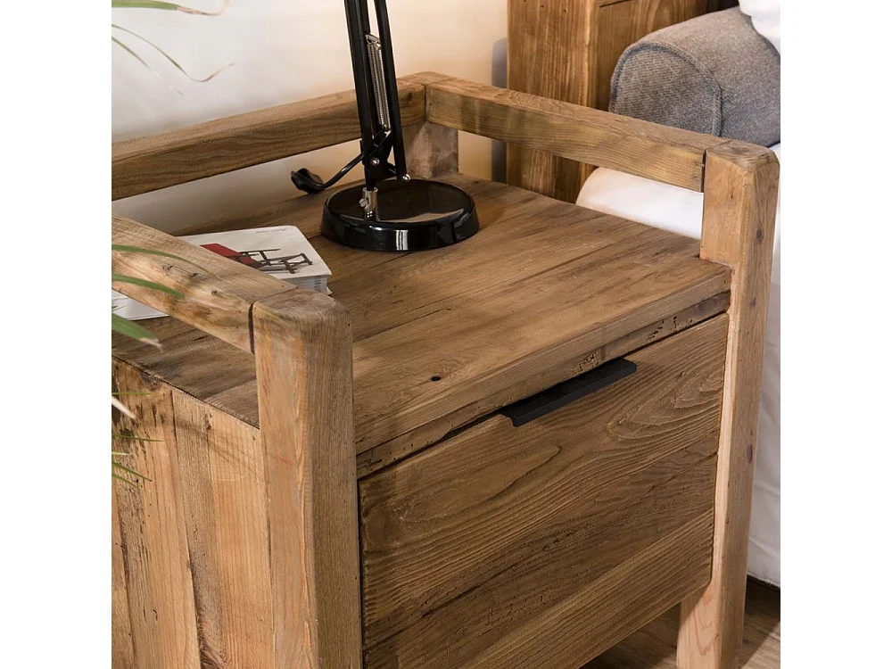 SANDY - Table de chevet marron 1 tiroir bois pin recyclé