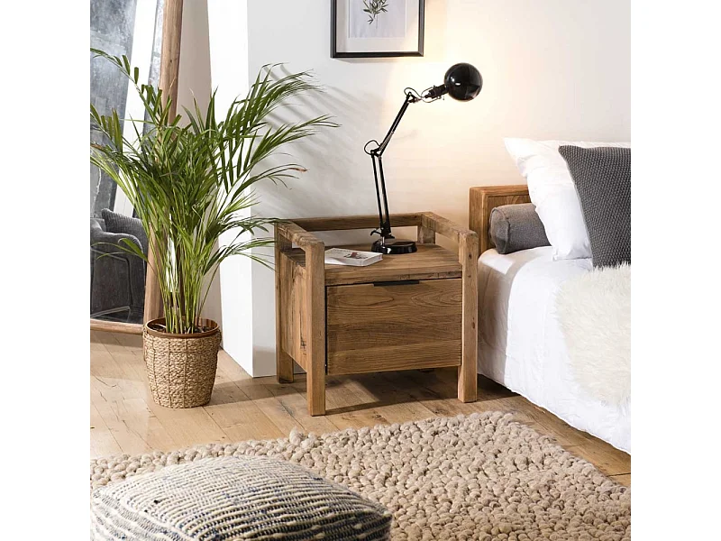 SANDY - Table de chevet marron 1 tiroir bois pin recyclé