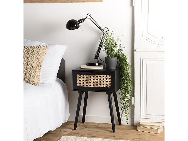 ANGELO - Table de chevet bois noir 1 tiroir cannage