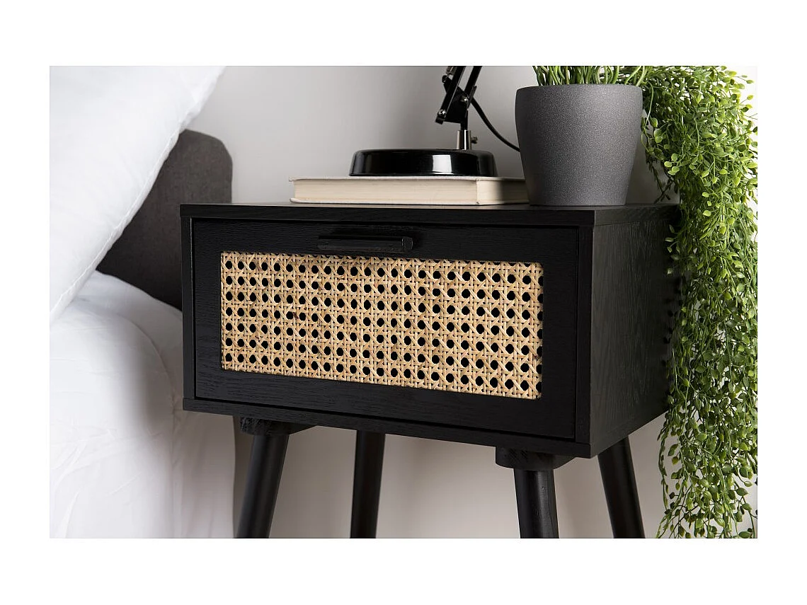 ANGELO - Table de chevet bois noir 1 tiroir cannage