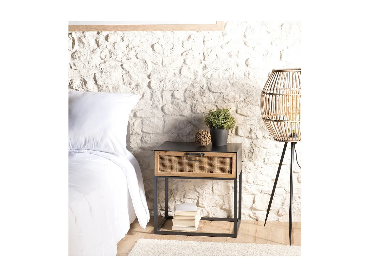 DORIA - Chevet noir métal 1 tiroir cannage naturel