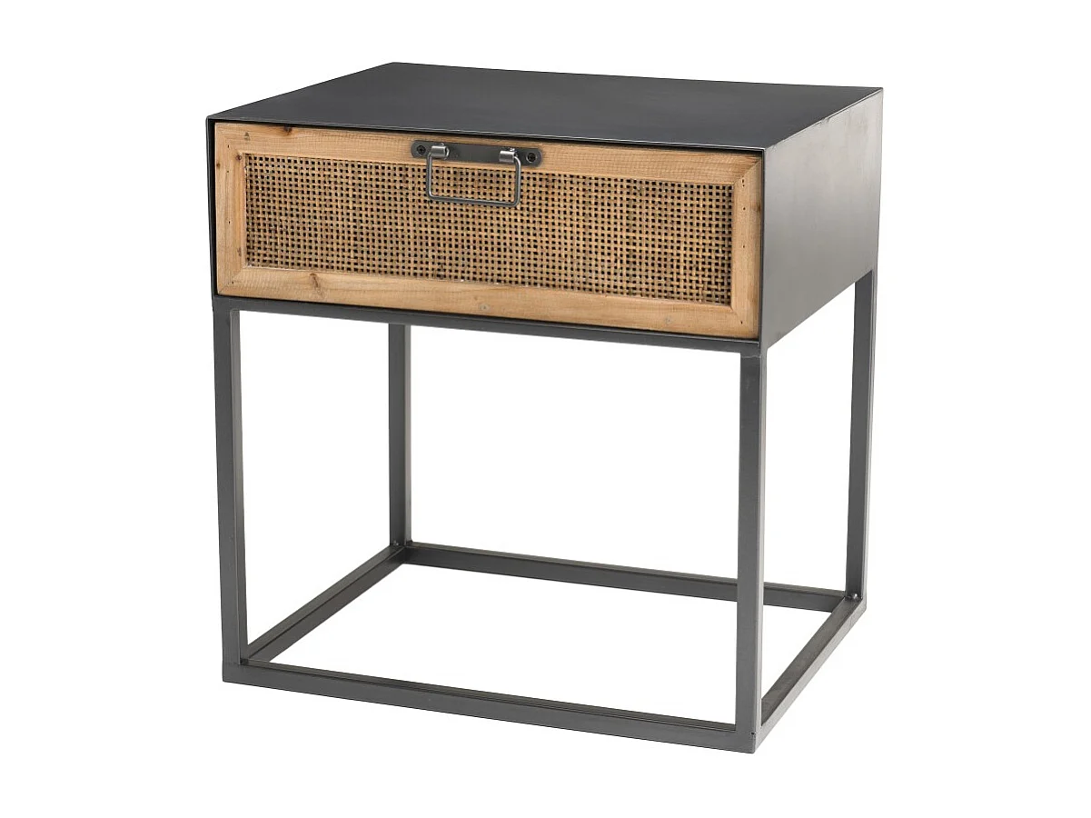 DORIA - Chevet noir métal 1 tiroir cannage naturel