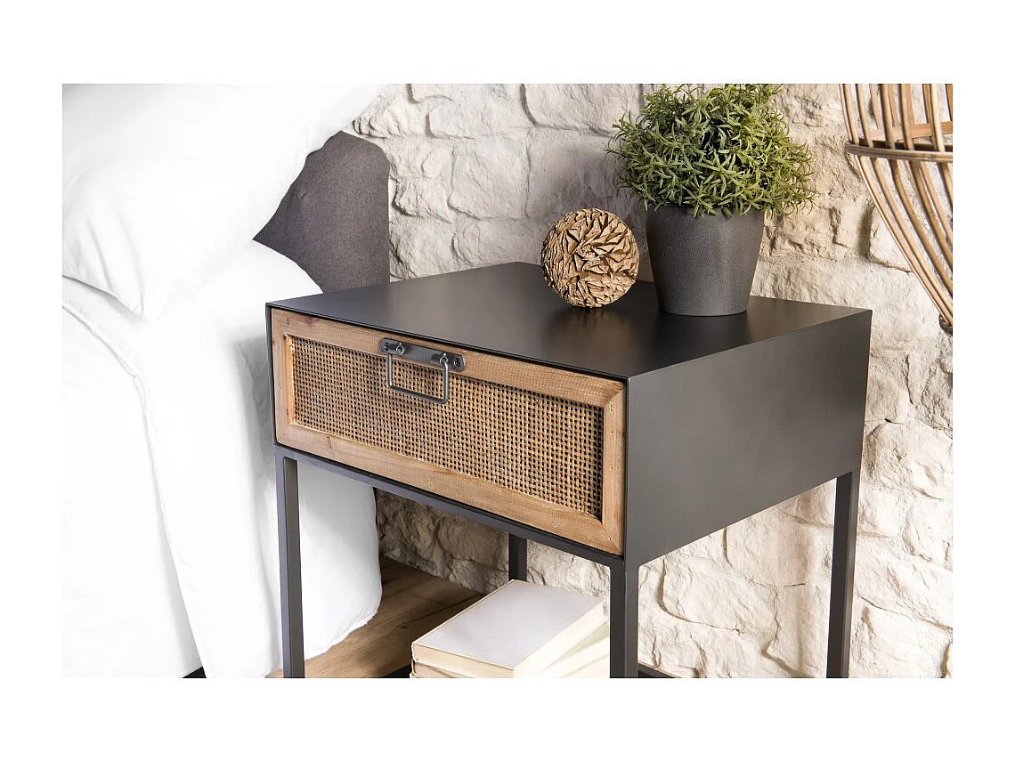 DORIA - Chevet noir métal 1 tiroir cannage naturel