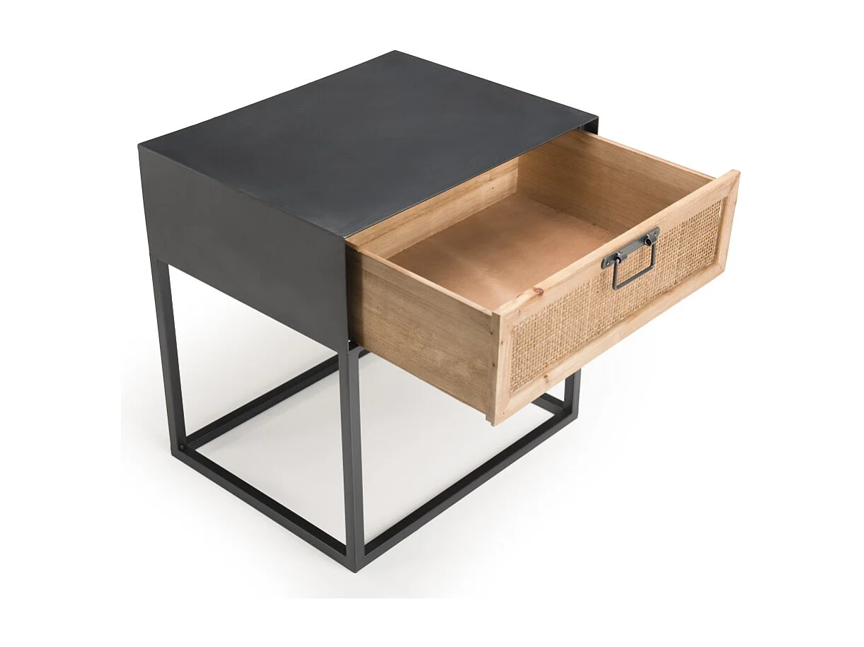 DORIA - Chevet noir métal 1 tiroir cannage naturel