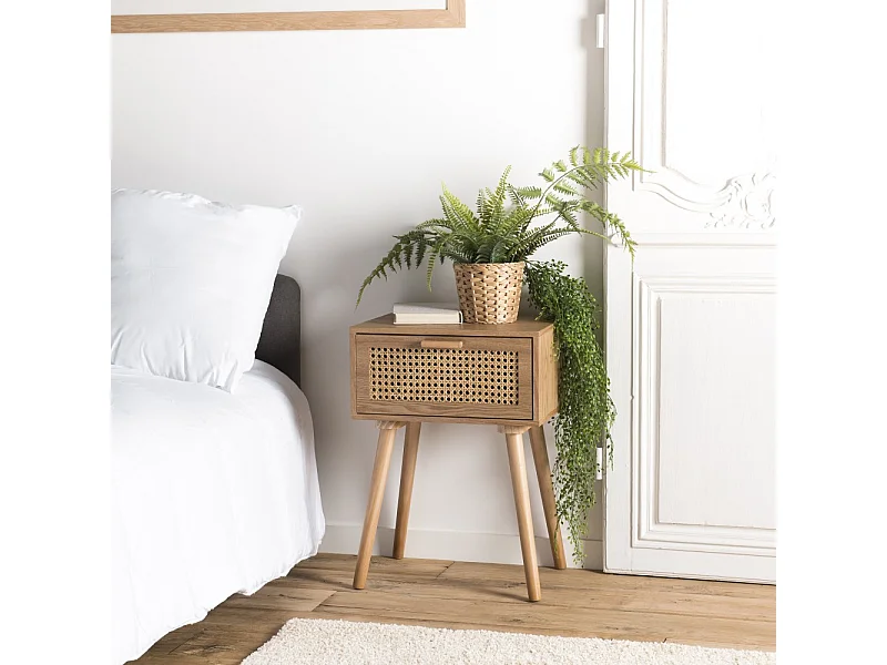 RODRIGO - Table de chevet en bois couleur naturelle 1 tiroir cannage