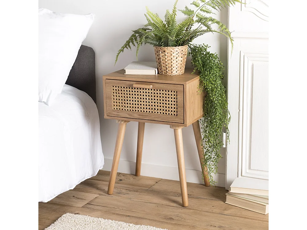 RODRIGO - Table de chevet en bois couleur naturelle 1 tiroir cannage
