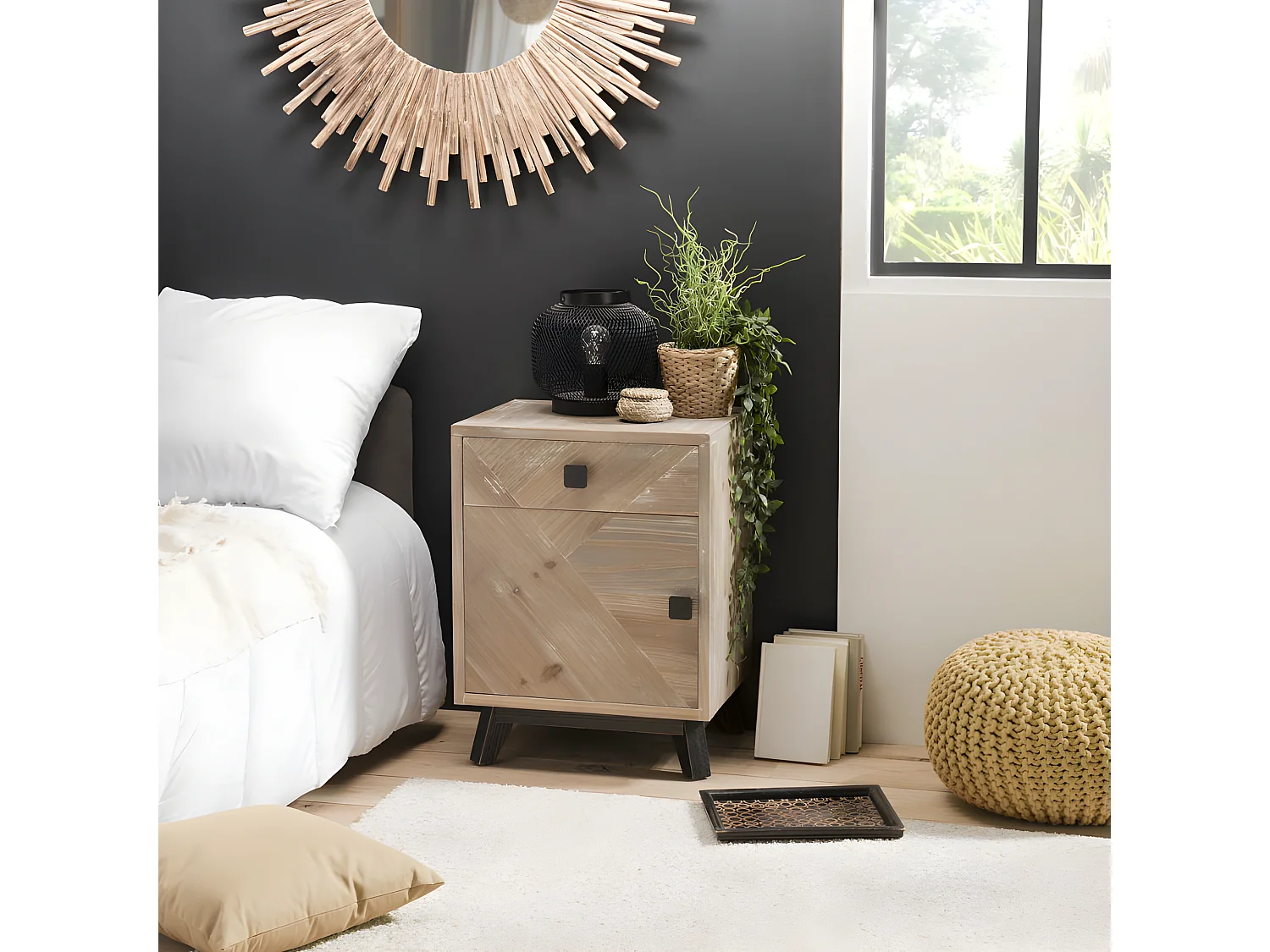 ANDRO - Chevet beige scandi 1 tiroir 1 porte pieds noirs Sapin