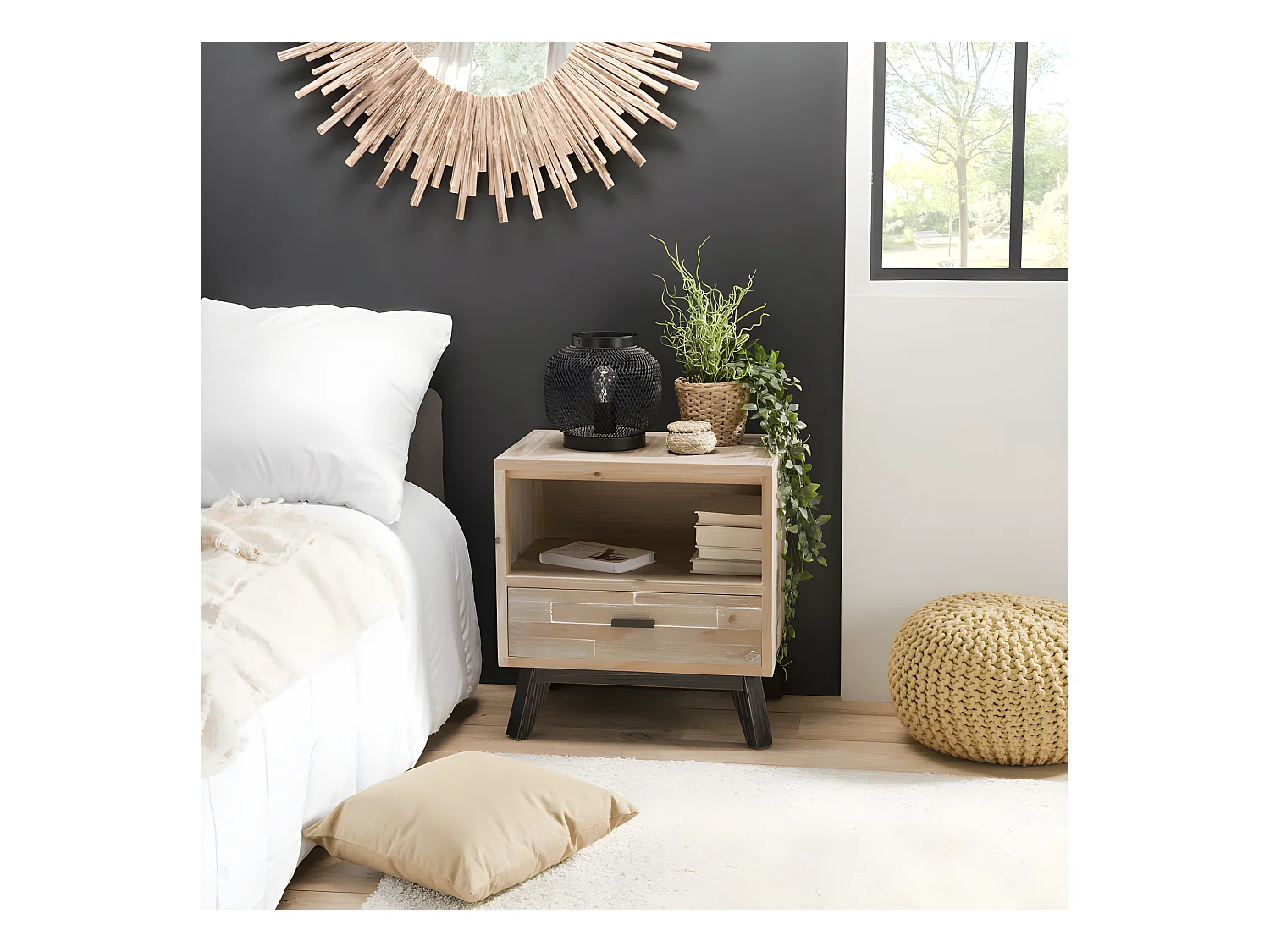 ANDRO - Chevet beige scandi 1 tiroir 1 niche pieds noirs Sapin