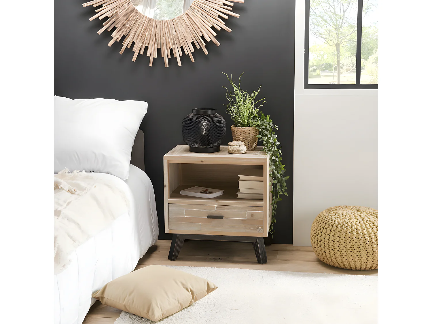 ANDRO - Chevet beige scandi 1 tiroir 1 niche pieds noirs Sapin