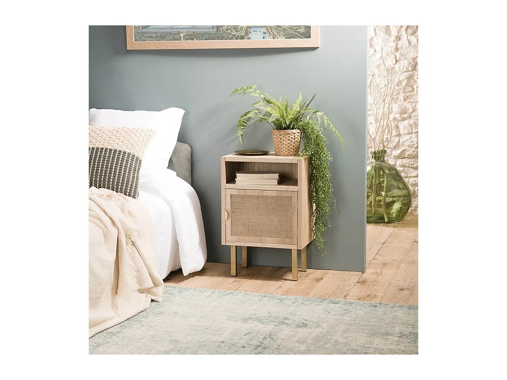 ALINE - Chevet 1 niche 1 porte toile de jute pieds métal doré
