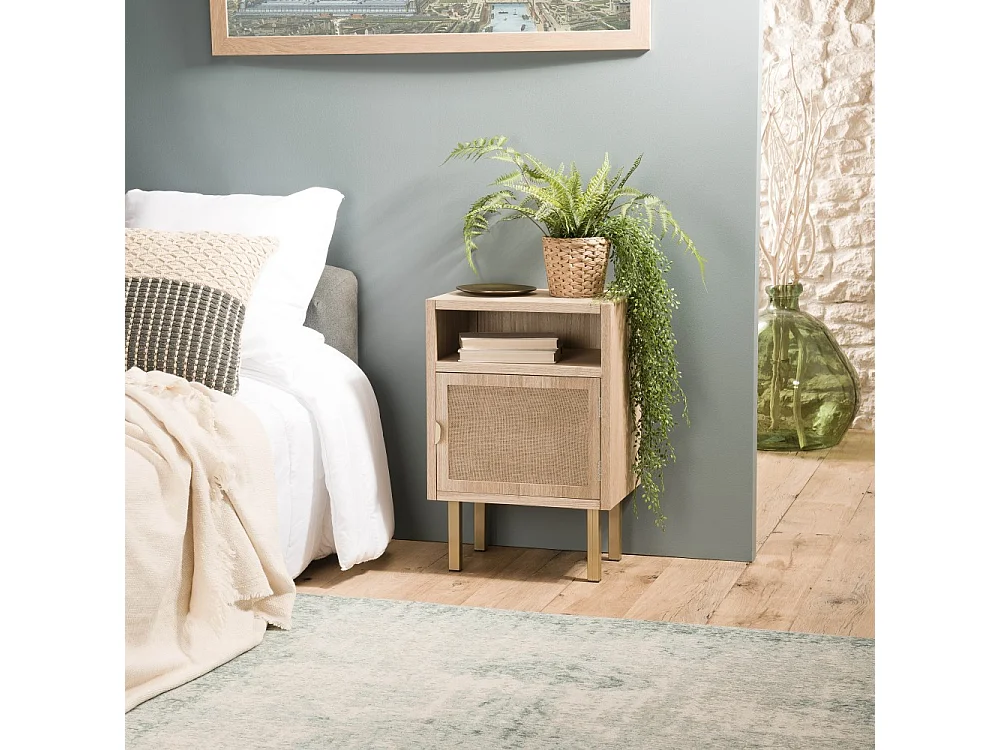 ALINE - Table de chevet bois 1 niche 1 porte toile de jute pieds doré