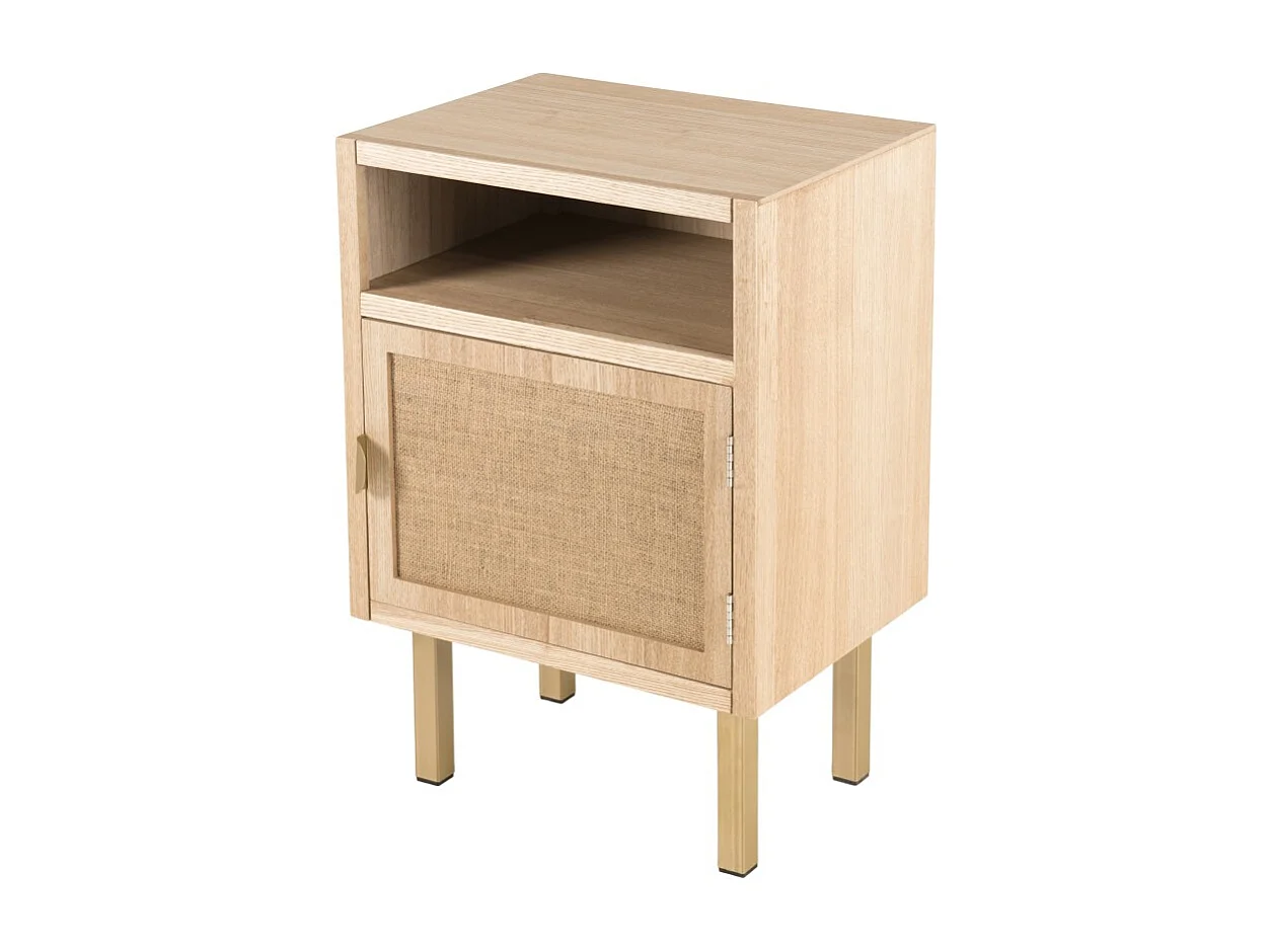 ALINE - Table de chevet bois 1 niche 1 porte toile de jute pieds doré