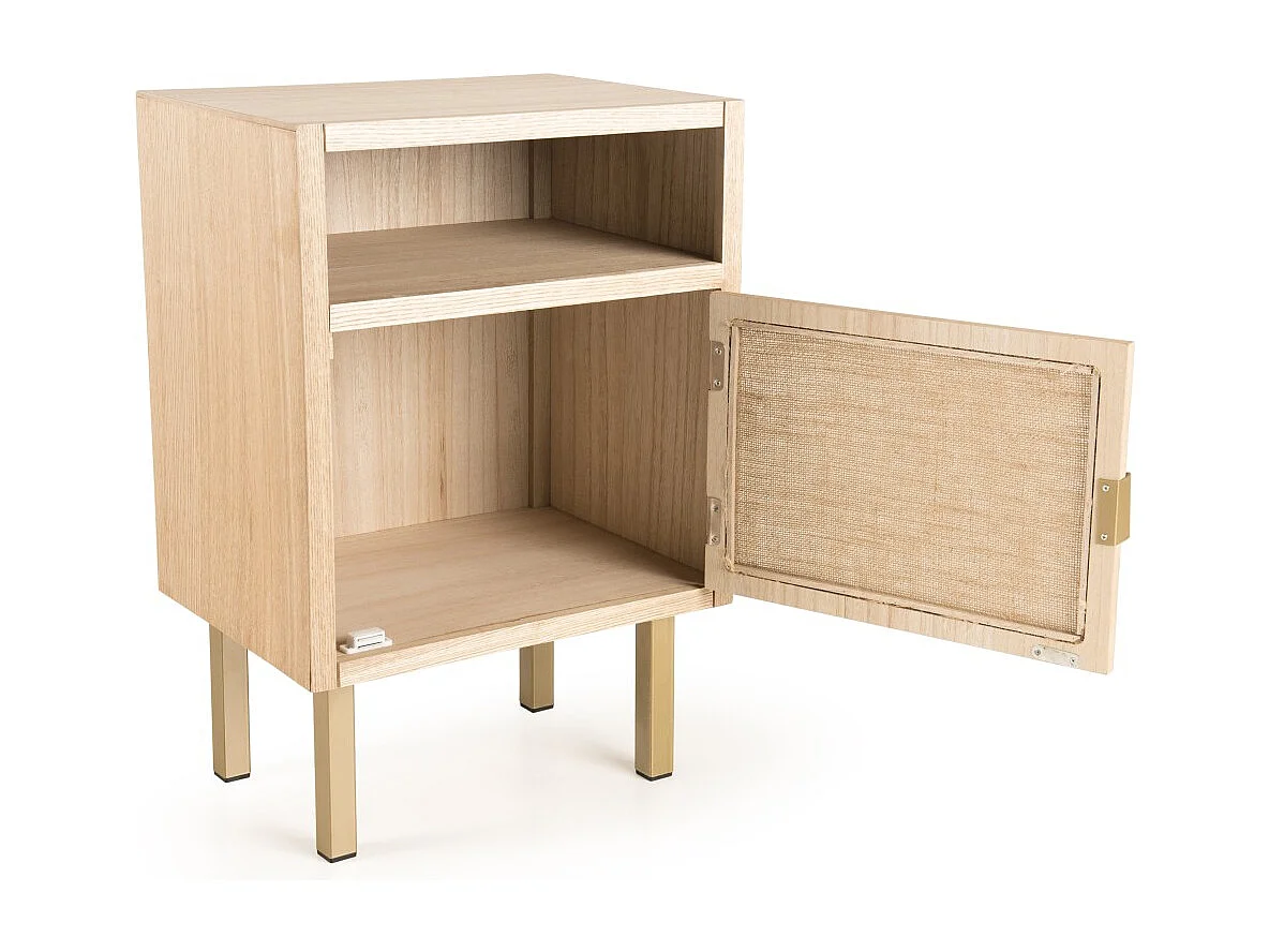ALINE - Table de chevet bois 1 niche 1 porte toile de jute pieds doré