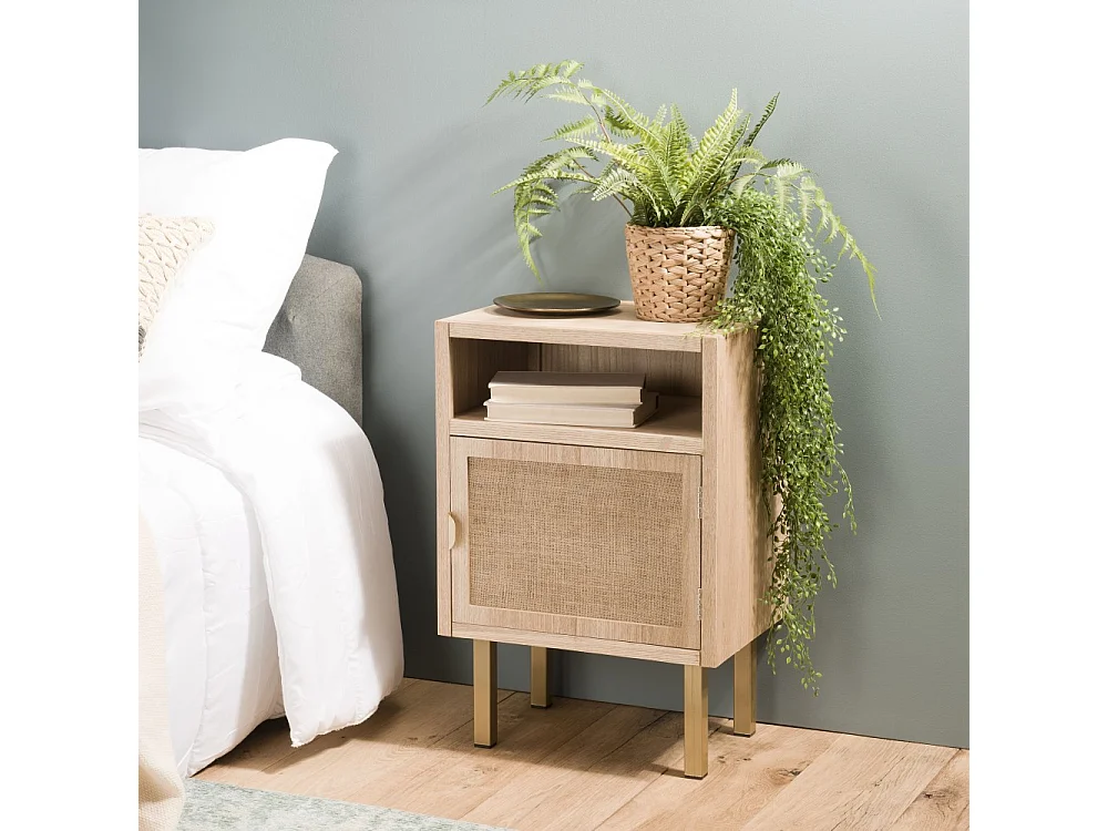 ALINE - Table de chevet bois 1 niche 1 porte toile de jute pieds doré