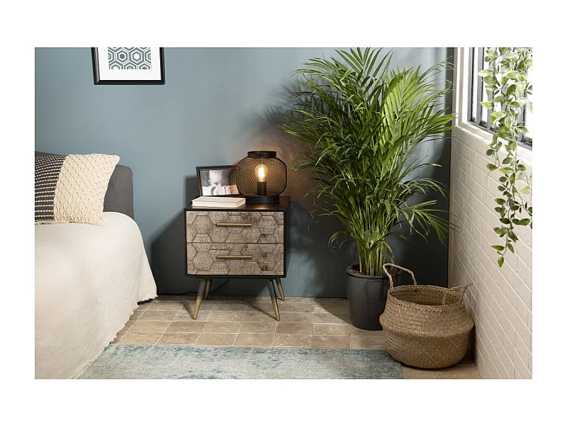 DORRIE - Chevet noir 2 tiroirs scandi bois Sapin marqueté pieds métal doré