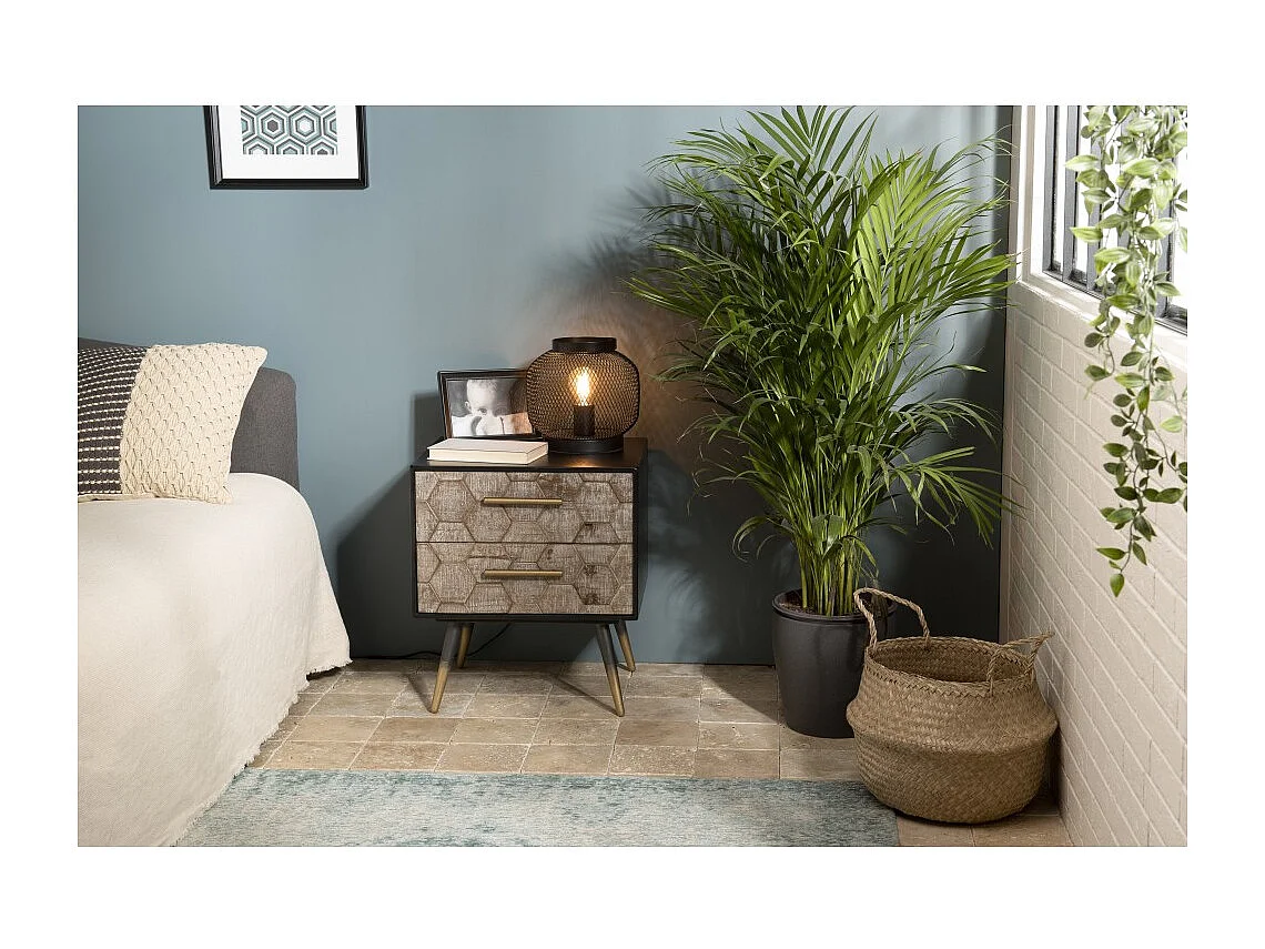 DORRIE - Chevet noir 2 tiroirs scandi bois Sapin marqueté pieds métal doré