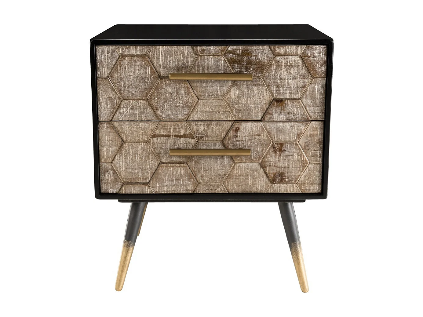 DORRIE - Chevet noir 2 tiroirs scandi bois Sapin marqueté pieds métal doré