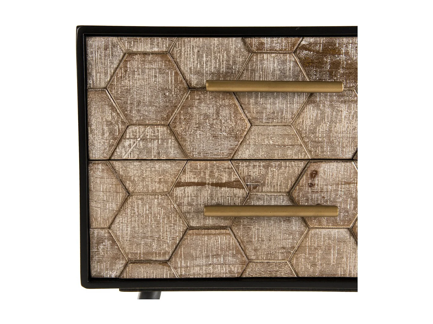 DORRIE - Chevet noir 2 tiroirs scandi bois Sapin marqueté pieds métal doré