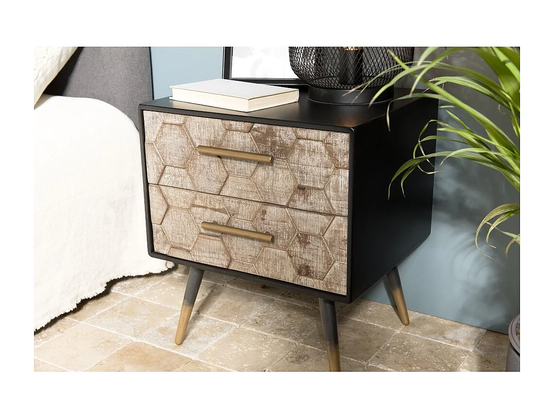 DORRIE - Chevet noir 2 tiroirs scandi bois Sapin marqueté pieds métal doré