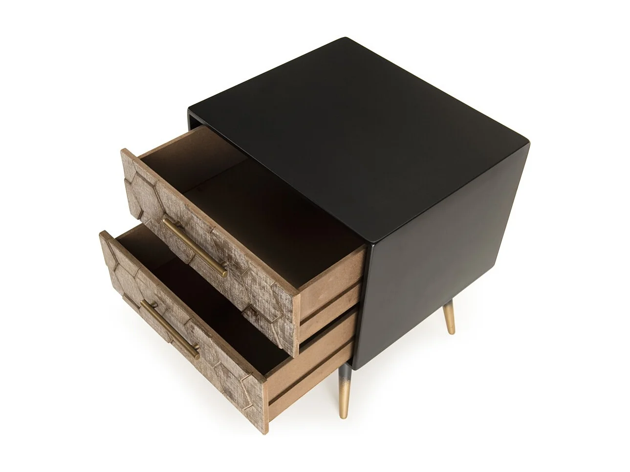 DORRIE - Chevet noir 2 tiroirs scandi bois Sapin marqueté pieds métal doré