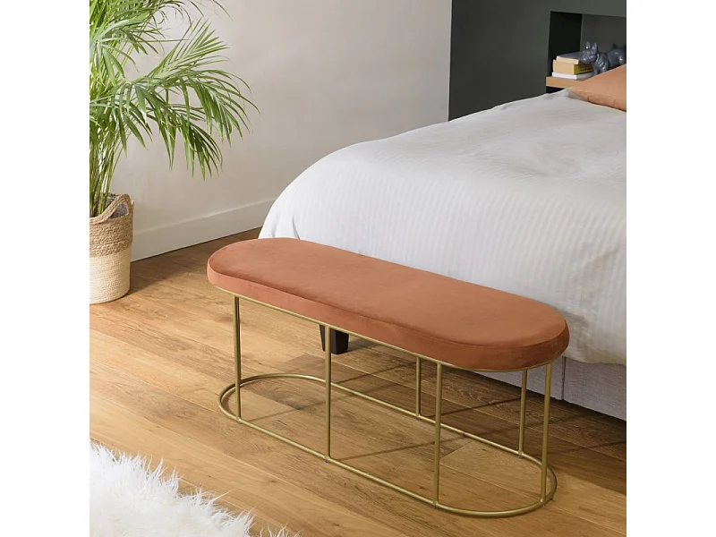 AGATHE - Banc velours orange pieds arrondis métal doré