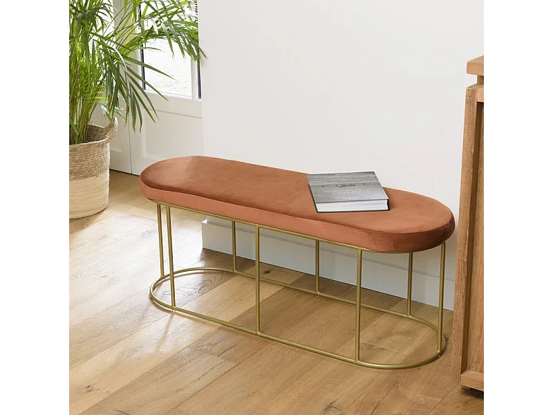 AGATHE - Banc velours orange pieds arrondis métal doré