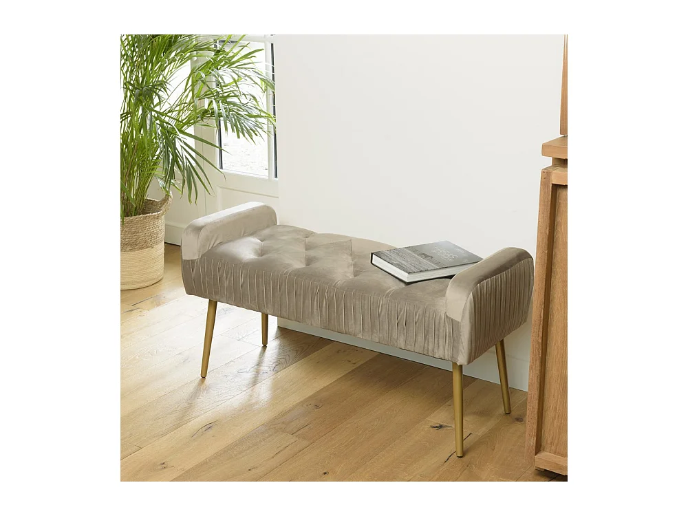 AGATHE - Banc de lit velours taupe pieds métal doré