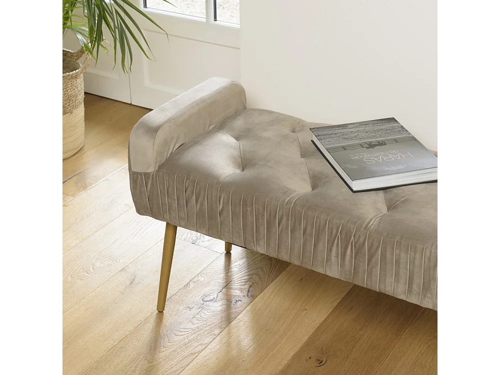 AGATHE - Banc de lit velours taupe pieds métal doré