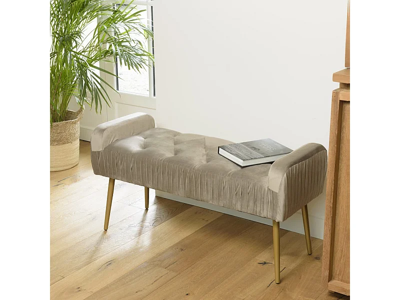 AGATHE - Banc de lit velours taupe pieds métal doré