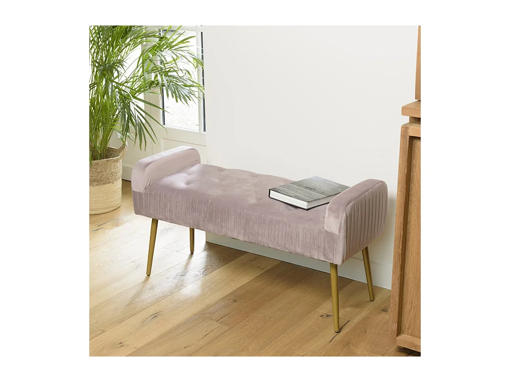 AGATHE - Banc de lit velours rose poudré pieds métal doré