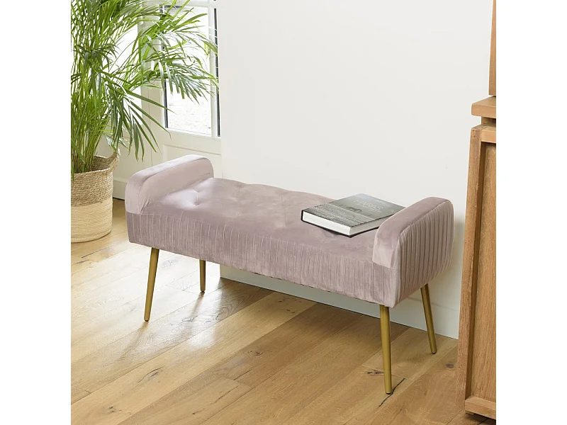 AGATHE - Banc de lit velours rose poudré pieds métal doré