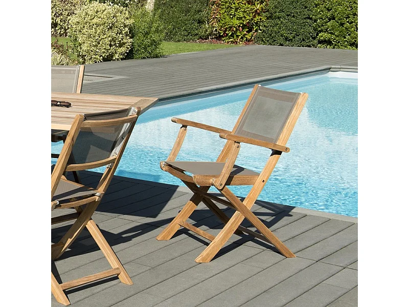 FUN - Ensemble de 2 fauteuils jardin pliants bois teck et gris