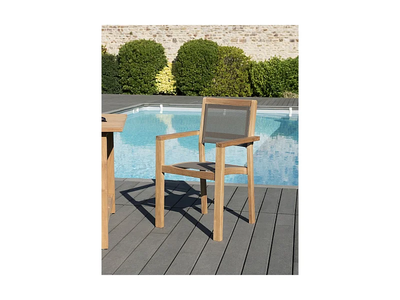 FUN - Ensemble de 2 fauteuils jardin empilables en bois teck et textilène couleur taupe
