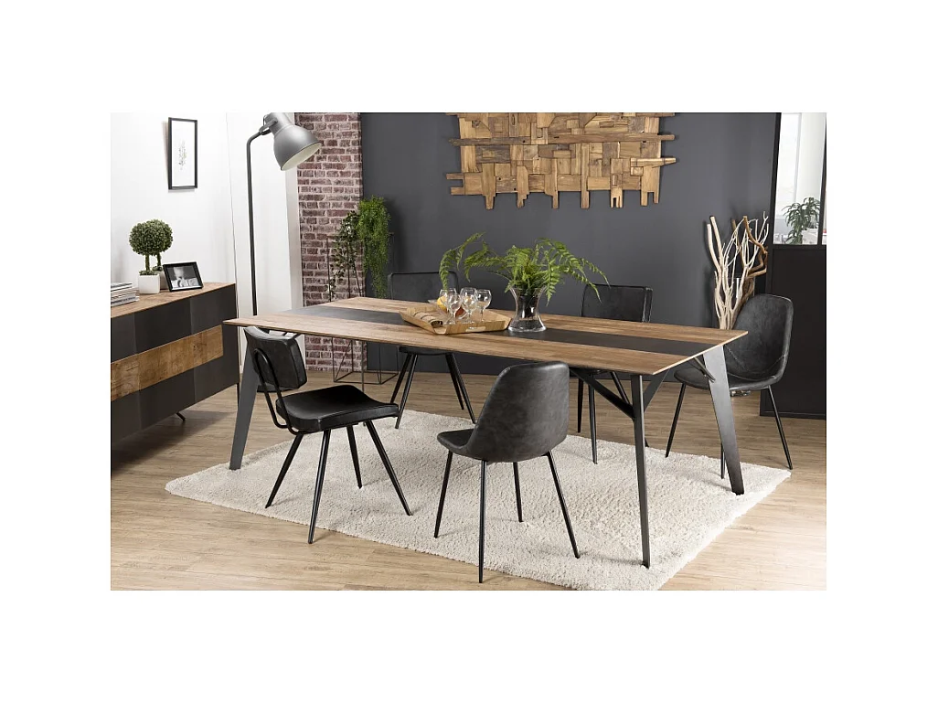 MAXENCE - Table à manger rectangulaire 220x100cm bois Teck recyclé métal et pieds métal noir