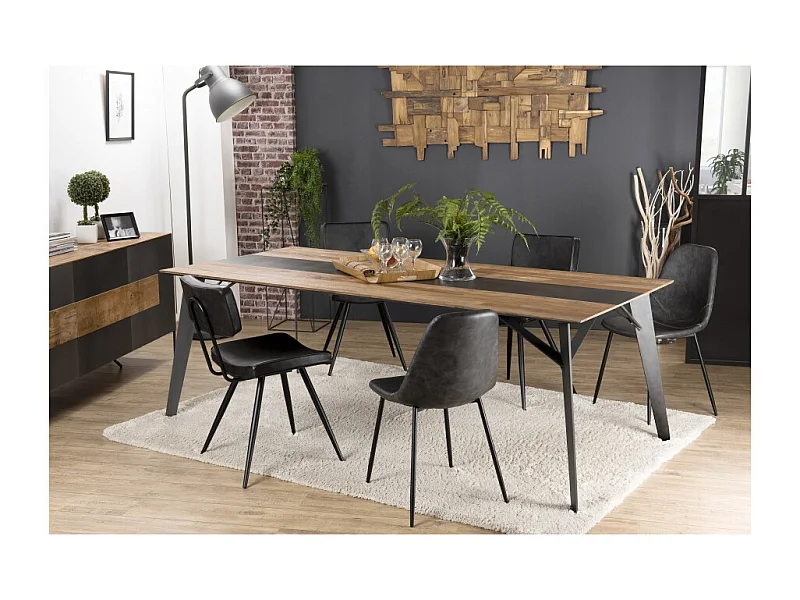 MAXENCE - Table à manger rect. 220x100cm bois Teck recyclé, pieds noir
