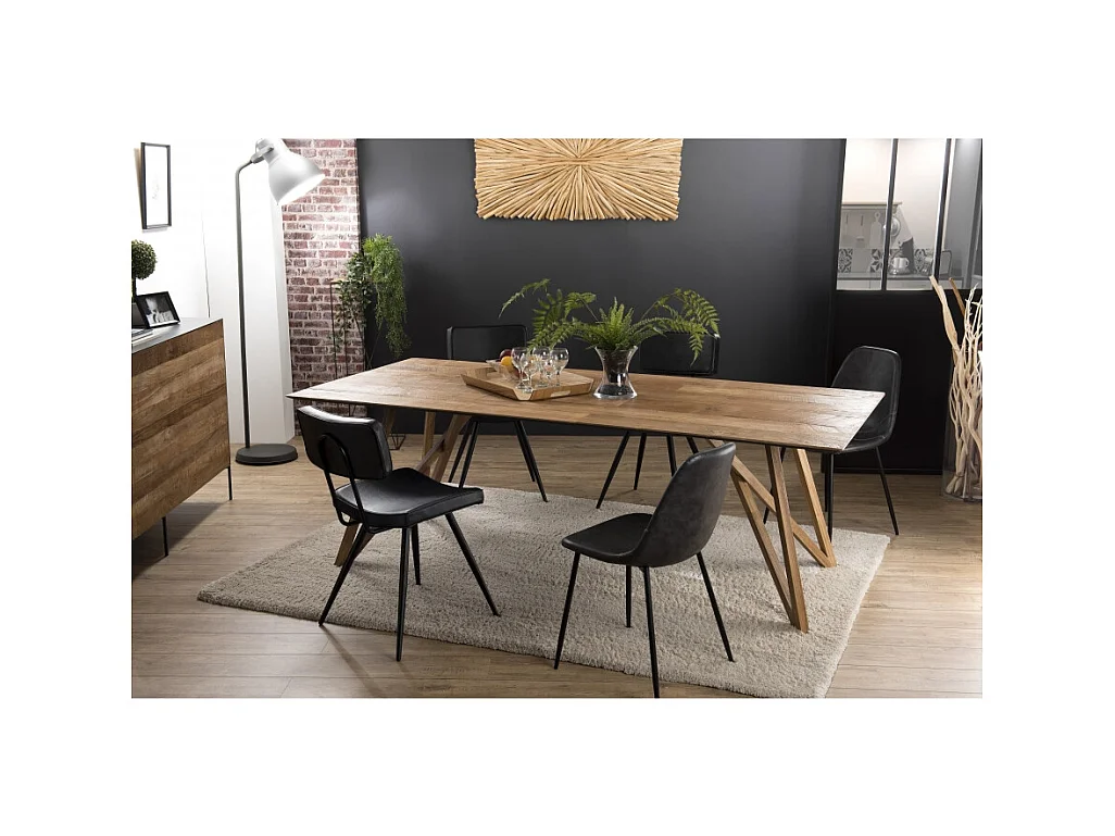 MAXENCE - Table à manger rectangulaire 220x100cm bois teck recyclé pieds croisés teck