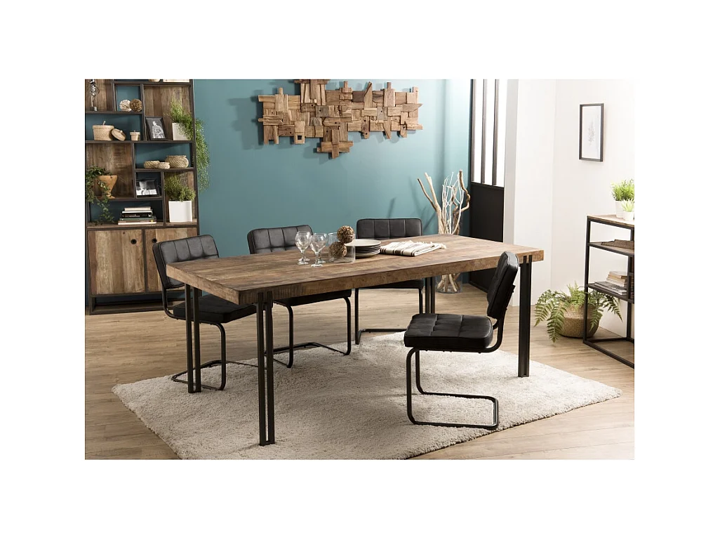 SIXTINE - Table à manger rectangulaire 200x90cm Teck recyclé Acacia Mahogany recyclé pieds métal noir
