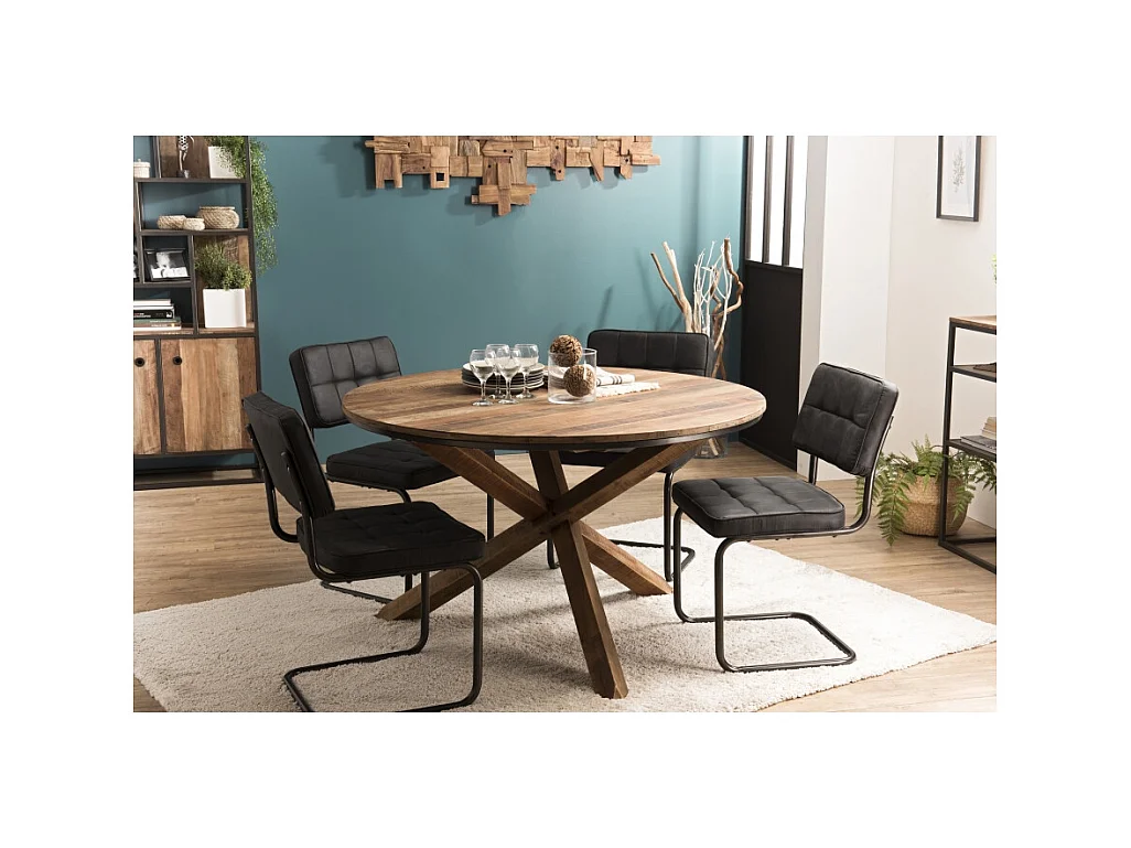 SIXTINE - Table à manger ronde marron 130x130cm pieds croisés Teck recyclé Acacia Mahogany recyclé