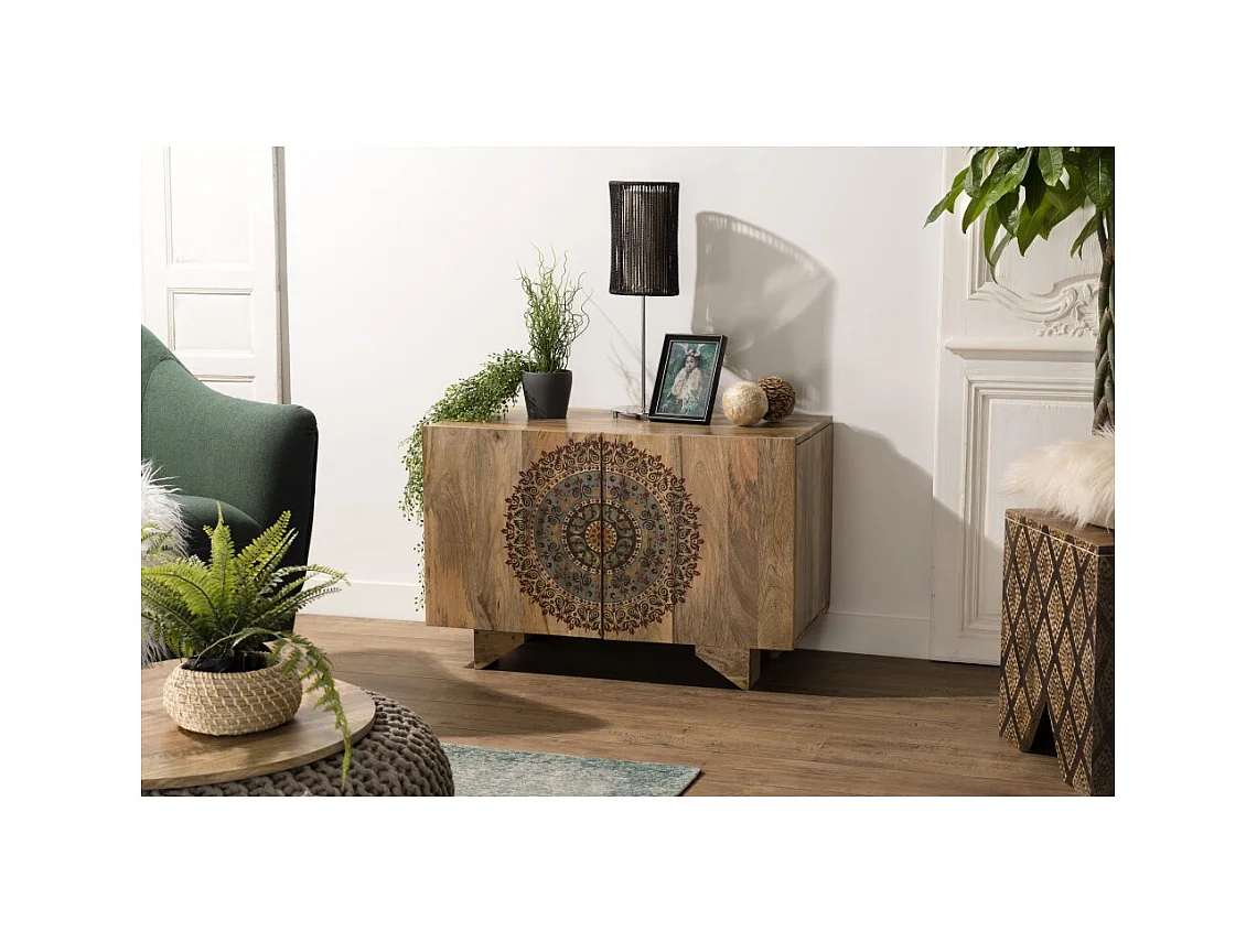 INDRA - Buffet bois Manguier 83x45cm 2 portes 2 étagères Colombo