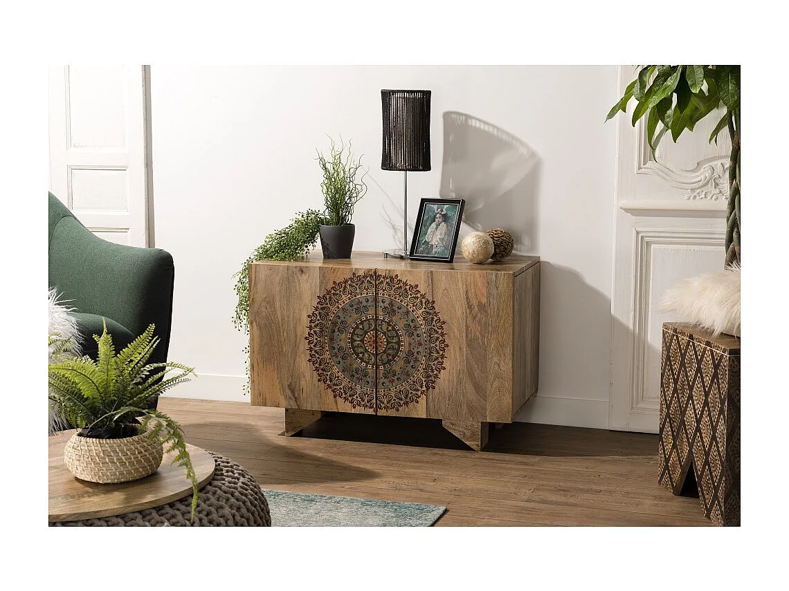 INDRA - Buffet bois Manguier 83x45cm 2 portes 2 étagères Colombo