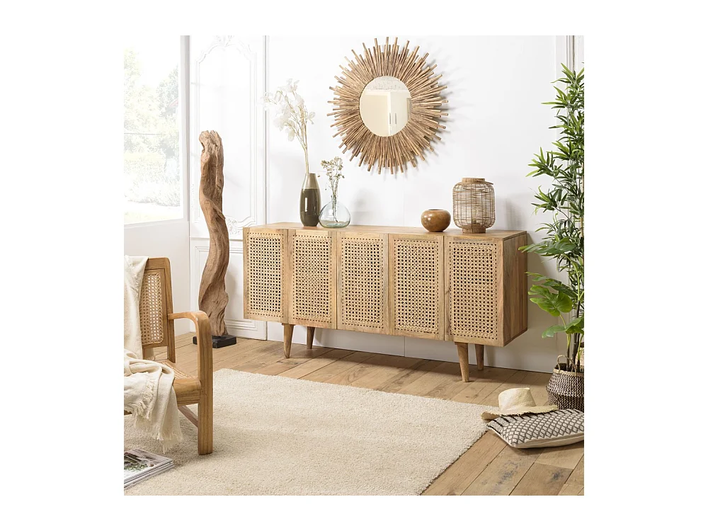 ISA - Buffet marron 5 portes bois de manguier et cannage couleur naturelle