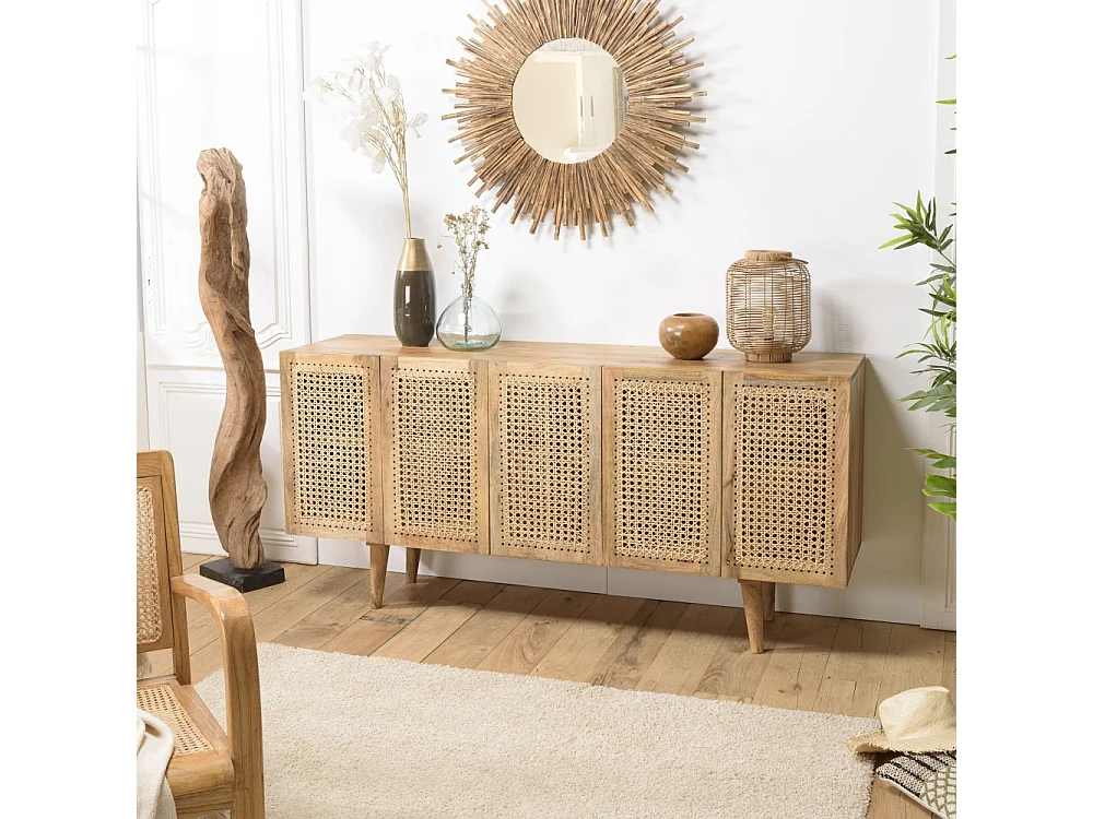 ISA - Buffet marron 5 portes bois manguier cannage couleur beige