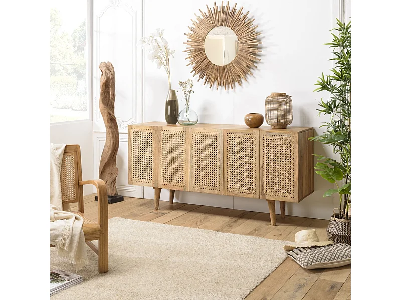 ISA - Buffet marron 5 portes bois manguier cannage couleur beige